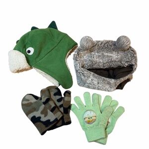 Green Dinosaur & Gray Bear Kids Winter Hats sizes S/M & 6-12 mo Plus Mittens